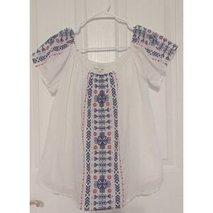 Cyrillus Paris Women's 38 White Blue Embroidered Boho Peasant Top